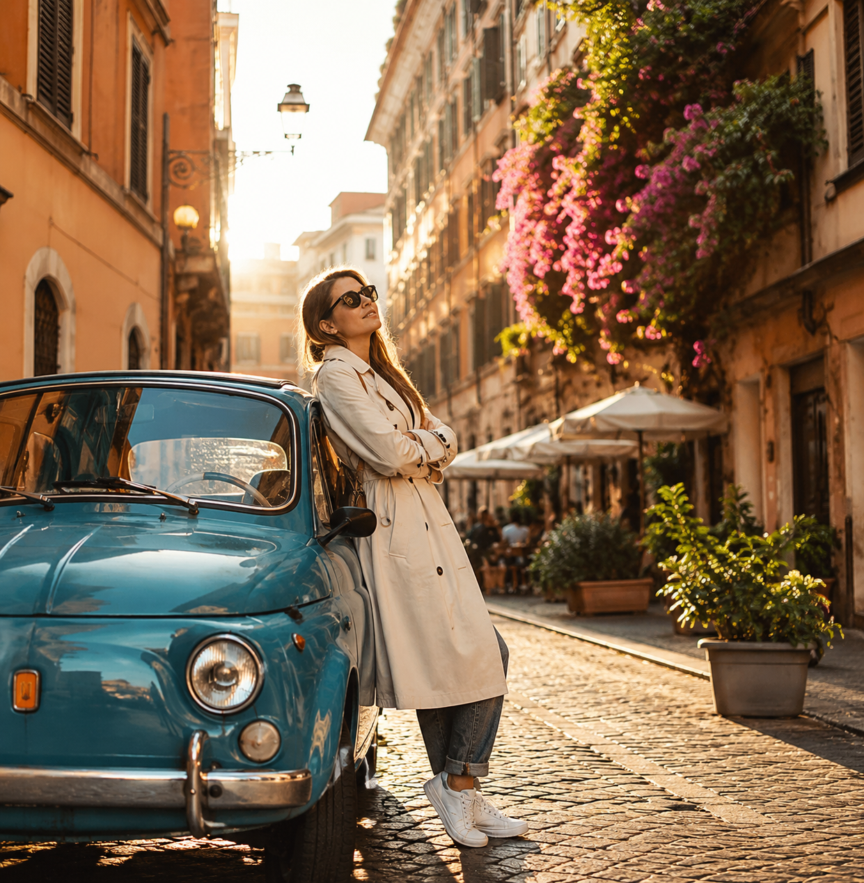 Ragazza con Fiat 500 blu a Roma