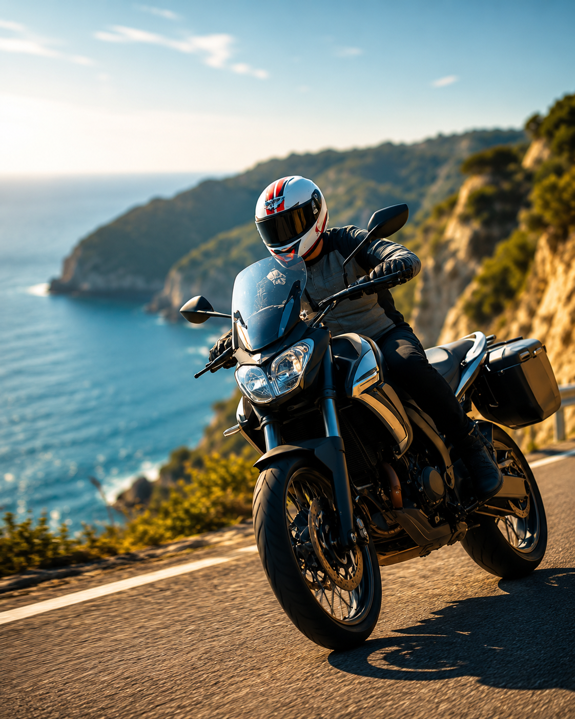 Motociclista su strada costiera